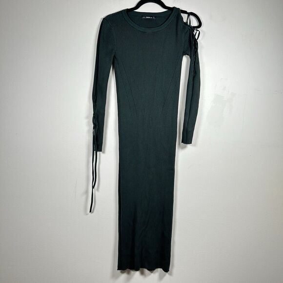 ZARA KNIT GREEN RIBBED BODY-CON KNIT DRESS WOMENS SIZE LARGE L - Picture 1 of 9